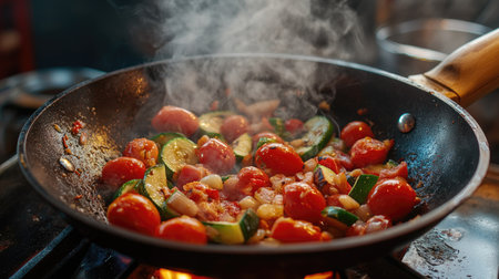 A captivating scene of a wok pan filled with vibrant red tomatoes, garlic, and zucchini, frying over an open flame, with dramatic smoke rising, showcasing the heat and excitement of cooking.の素材