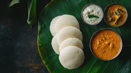 Aerial view of soft, fluffy idlis stacked neatly on a traditional banana leaf, accompanied by vibrant coconut chutneyの素材