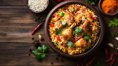 A rustic wooden table featuring a delicious Chicken Biryani with colorful rice and tender chicken, surrounded by spices,の素材
