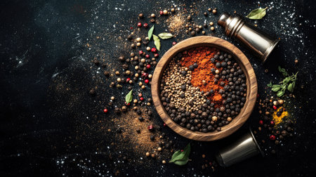 A stunning overhead view of a wooden bowl filled with various peppercorns, with spice grinders and shakers levitating above itの素材