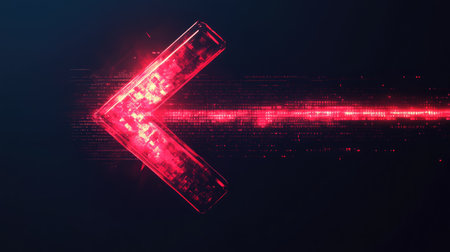 A glowing red arrow pointing left on a dark background, with neon-like effects. Futuristic and dynamic design,の素材