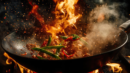 A thrilling scene of a wok pan with an explosion of ingredients like snow peas and meat in mid-air, surrounded by bright flames, capturing the intensity of Asian cooking techniques.の素材
