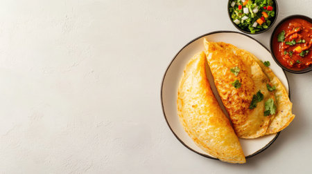A single crispy dosa on a plain background, with a side of colorful dips, creating an inviting area for text overlay or promotional use without distractions.の素材