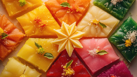 A vibrant display of kaju katli arranged with colorful garnishes, set against a clean background that allows for ample space for promotionalの素材