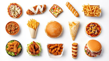 A top view of a variety of fast food items, including fried chicken, fries, pizza, sandwich, corndog, taco, chicken burger,の素材