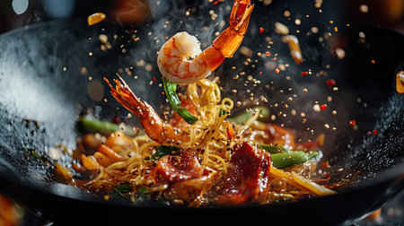 A stunning freeze-motion shot of vibrant Asian wok noodles soaring through the air, mixed with succulent prawns and colorful vegetables,の素材
