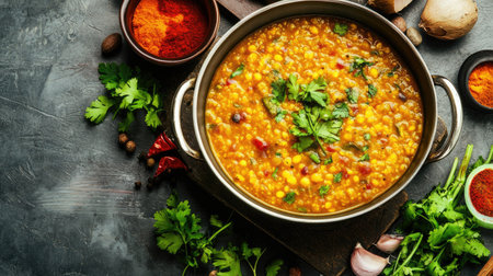 Aerial perspective of a comforting dal dish served in a traditional pot, surrounded by fresh ingredients and spices,の素材