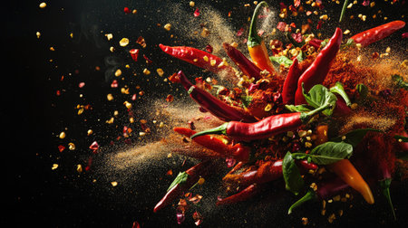 A thrilling capture of an array of spices and fresh chili peppers in mid-flight, with flames and colorful powders enhancing tの素材