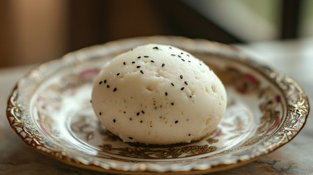 A single idli placed on a decorative plate, with a blurred background offering generous copy space for advertisementsの素材