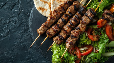 An appetizing close-up of grilled kebabs served with fresh salad and pita bread, captured on a textured surfaceの素材