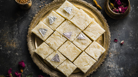 Aerial view of a beautifully arranged plate of kaju katli, neatly cut into diamond shapes and garnished with silver leafの素材