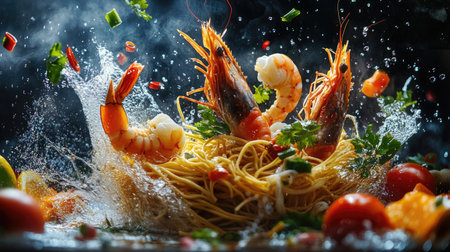 A visually striking freeze-motion shot of noodles, prawns, and assorted vegetables in mid-air, highlighting the delicious combination of ingredients in the preparation of a savory dish.の素材