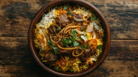 A vibrant top-down image of Indian meat biryani, with tender mutton, aromatic basmati rice, and garnishes of fried onions and cilantro, displaying the richness of Indian spices.の素材