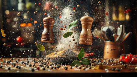 An action-packed image showcasing levitating salt and pepper shakers alongside spice mills filled with colorful peppercornsの素材