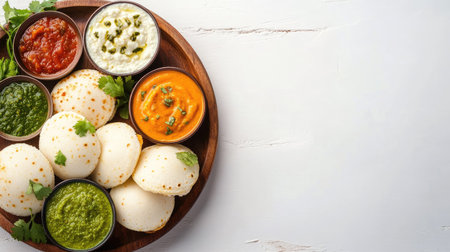 A vibrant presentation of idlis with assorted dips, set against a clean background that allows for ample space for promotional messages or branding.の素材
