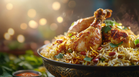 A stunning Chicken Biryani dish with all the traditional garnishes, placed against a soft-focus background,の素材