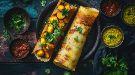 Aerial view of a beautifully presented dosa filled with spiced potatoes, garnished with fresh cilantro, served with coconut chutney and sambar in small bowls,の素材