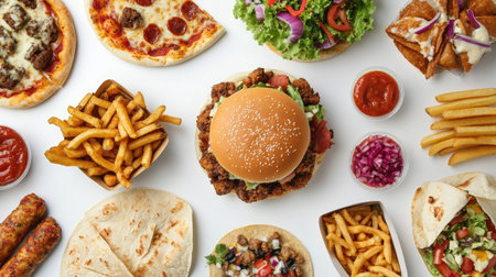A top-down shot of a variety of fast food items, including chicken burgers, pizza, tacos, shawarma, corndogs, burritos,の素材