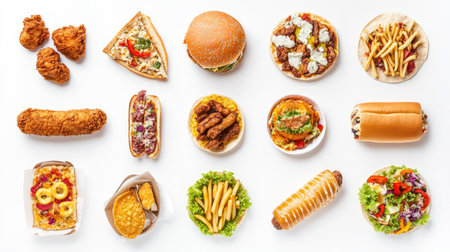 A top view of a variety of fast food items, including fried chicken, fries, pizza, sandwich, corndog, taco, chicken burger,の素材
