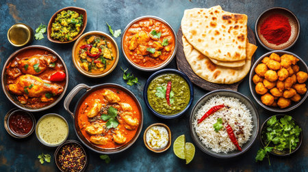 A vibrant top view of a traditional Indian Iftar food set, including chicken curry, dal with rice, butter chicken, spicy biryani, samosas, and naan, offering a delicious Ramadan feast. Ramadan Kareem.の素材