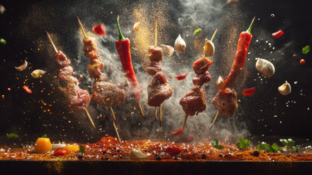 A visually striking shot of garlic cloves, red peppers, and colorful spice powders suspended in the air above sizzling meat stakes, illustrating the lively world of flavor and cooking techniques.の素材