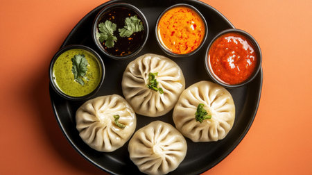 A vibrant serving of momos with dipping sauces, set against a minimalist background that allows for clear branding or promotional messages surrounding the dish.の素材