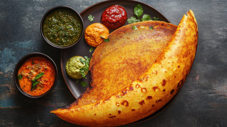 Aerial perspective of a large, golden dosa served on a round plate, complemented by vibrant accompaniments like chutneys and a small bowl of sambar,の素材