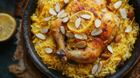 A visually appealing top view of a traditional Chicken Mandi, with golden chicken and basmati rice, garnished with lemon slices and almonds, celebrating the flavors of Saudi Arabian cuisine.の素材