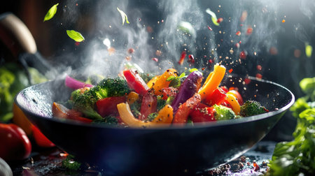 A visually appealing scene of colorful vegetables sizzling in a hot wok, with herbs and spices beautifully arranged around them, emphasizing the artistry of Asian cooking.の素材