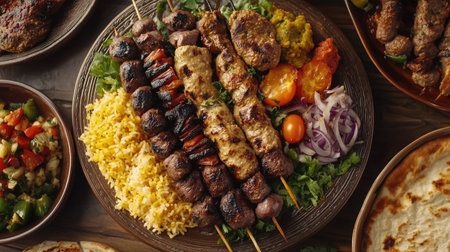 Aerial view of a sumptuous kebab feast featuring various types of kebabs and fresh sides, all elegantly presented on a round plate with a soft-focus background.の素材