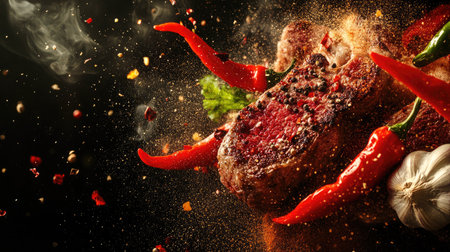 An action-packed image showcasing an explosion of hot red peppers, garlic, and colorful spice powders flying around meat steaks,の素材