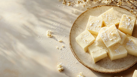 An elegant presentation of kaju katli with decorative elements, set against a neutral backgroundの素材