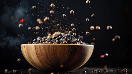 An action-packed image of a wooden bowl of peppercorns and flying spice mills, creating a whimsical and energetic kitchen atmosphere against a deep black backdrop.の素材