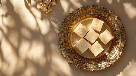 An elegant presentation of kaju katli on a decorative plate, set against a neutral backdrop that creates a clear area for marketing text or branding purposes. -の素材