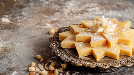 An elegant presentation of kaju katli with decorative elements, set against a neutral backgroundの素材
