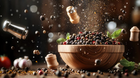 An artistic representation of a wooden bowl filled with assorted peppercorns, surrounded by floating spice mills and shakersの素材