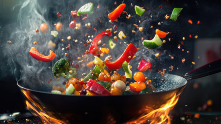 A vibrant and energetic image of a cooking moment where colorful vegetables and proteins are caught flying from a sizzling wok,の素材