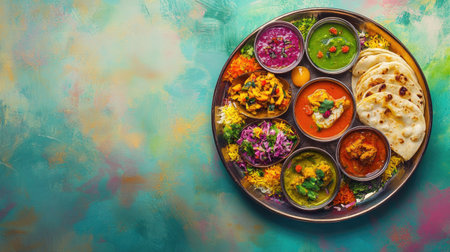 Aerial view of a vibrant thali meal with diverse dishes, set against a soft backdrop, leaving plenty of area around the plate for text overlay or promotional useの素材