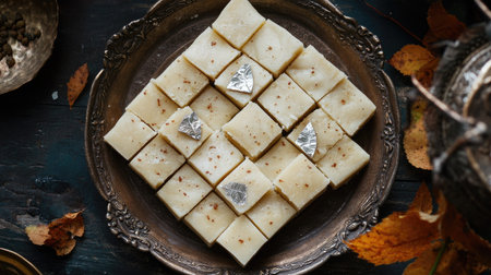 Aerial view of a beautifully arranged plate of kaju katli, neatly cut into diamond shapes and garnished with silver leafの素材
