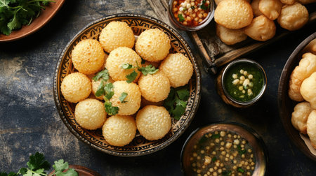 Aerial perspective of pani puri served in a decorative bowl, with a small pot of flavored water and a side of fresh garnishes, capturing the essence of Indian street cuisine.の素材