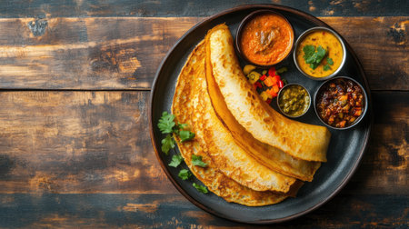 Aerial perspective of a large, golden dosa served on a round plate, complemented by vibrant accompaniments like chutneys and a small bowl of sambar,の素材