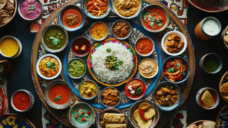 Aerial view of a traditional Indian thali showcasing an array of colorful dishes, including curries, rice, and pickles, beautifully arranged on a decorative platter.の素材