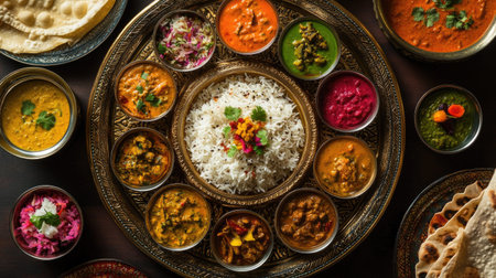 Aerial view of a traditional Indian thali showcasing an array of colorful dishes, including curries, rice, and pickles, beautifully arranged on a decorative platter.の素材