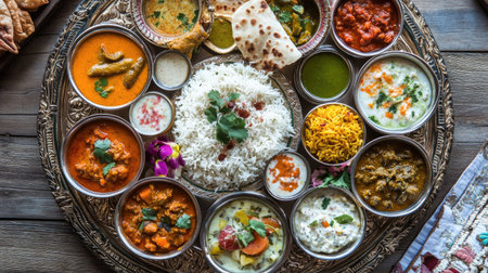 Aerial view of a traditional Indian thali showcasing an array of colorful dishes, including curries, rice, and pickles, beautifully arranged on a decorative platter.の素材