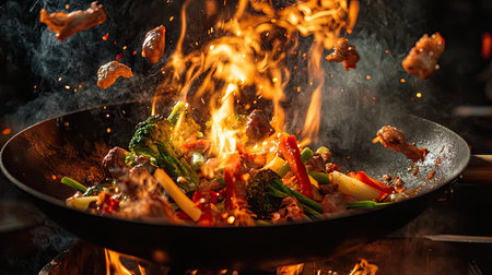 Aerial view of a vibrant culinary action shot with a wok pan showcasing flying vegetables and meat amidst bright flamesの素材