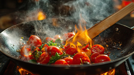 An action-packed close-up of a wok pan frying fresh ingredients, including red tomatoes and hot peppers, surrounded by swirling smoke and flames, creating an enticing culinary atmosphere.の素材