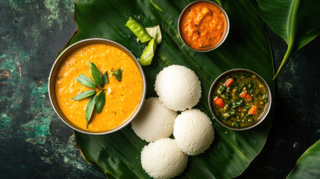 Aerial view of soft, fluffy idlis stacked neatly on a traditional banana leaf, accompanied by vibrant coconut chutneyの素材
