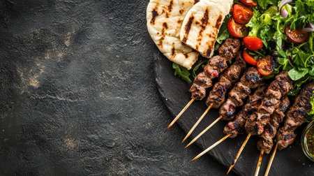 An appetizing close-up of grilled kebabs served with fresh salad and pita bread, captured on a textured surfaceの素材