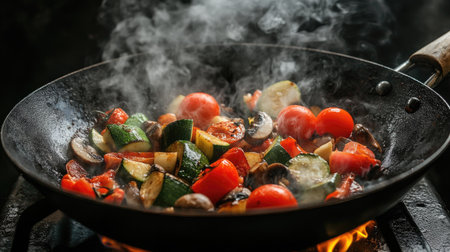 A visually stunning image of fresh vegetables frying in a wok pan, with red tomatoes, mushrooms, and zucchini sizzling amidst smoke and fire, showcasing the essence of flavorful cooking.の素材
