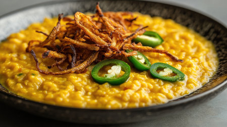 An elegant plate of yellow dal with crispy fried onions and sliced green chilies, positioned on a simple surface,の素材